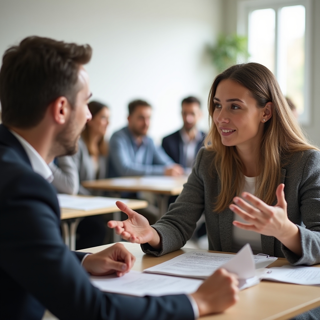 Dva účastníci semináře nacvičují rozhovor o vyjednávání platu
